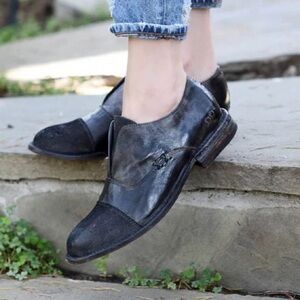 BED|STU Rose Cobbler Cap Toe Black Leather Women's Loafers